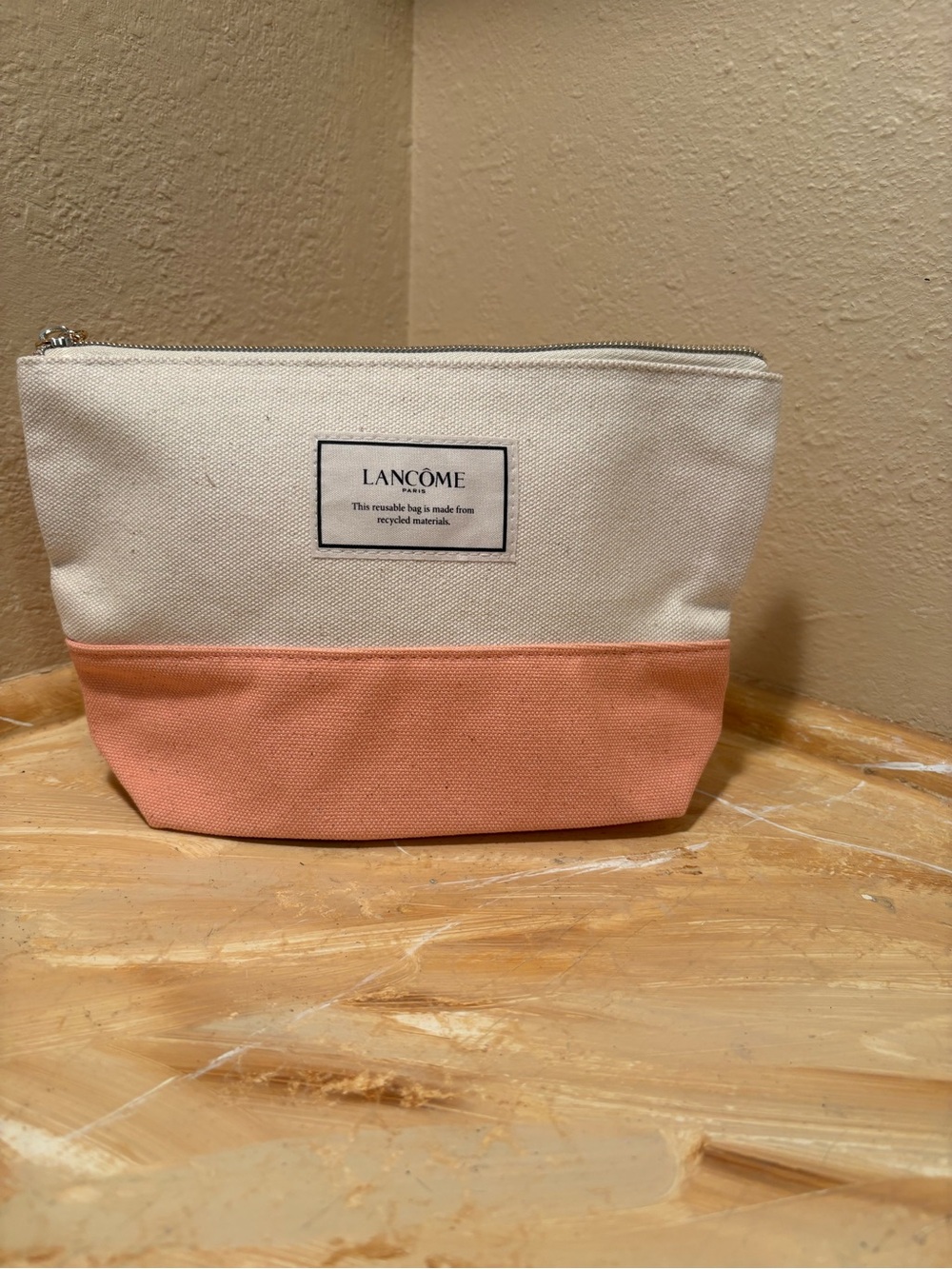 Lancôme Cream Canvas Cosmetic Pouch with Peach Trim